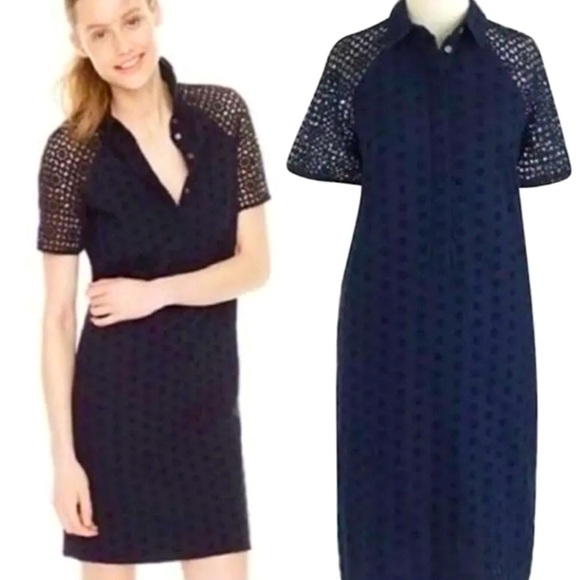 J. Crew Dresses & Skirts - J. Crew Cotton Eyelet Dress w/Collar and Hidden Button Placket Size 4P Navy